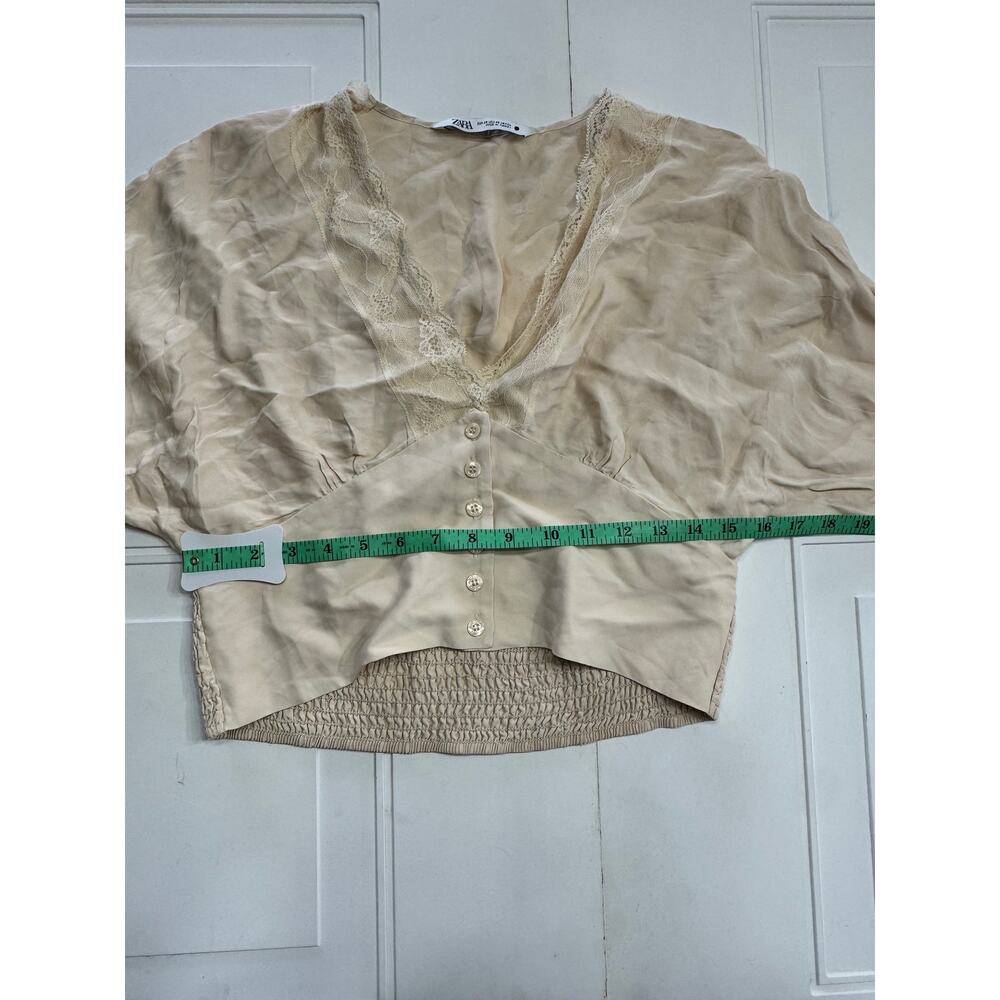Zara Tan Long Sleeve Cropped Top Size XS Lace Button Up Smocked Shirt - Picture 5 of 6